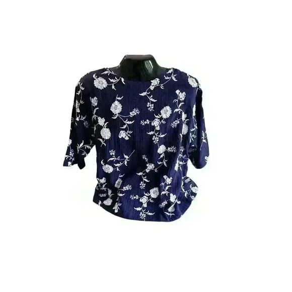 Womens Soft Surroundings Embroidered Gauze Top Size Large Navy White Floral NWOT - Picture 1 of 11
